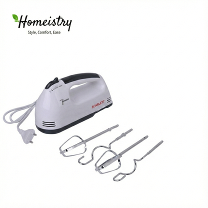 Hand mixer with attachments on a white background, featuring the Homeistry brand.