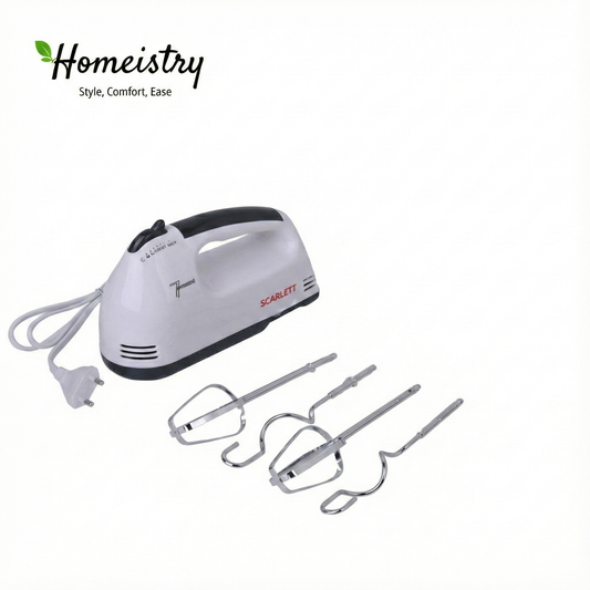 Hand mixer with attachments on a white background, featuring the Homeistry brand.