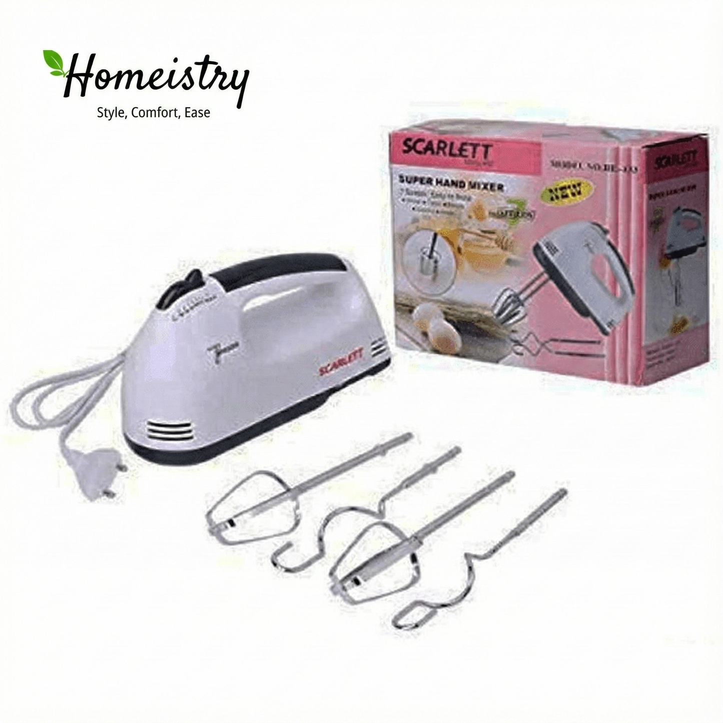 Scarlet hand mixer with attachments and packaging on a white background, featuring Homeistry brand.