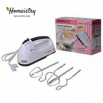 Scarlet hand mixer with attachments and packaging on a white background, featuring Homeistry brand.