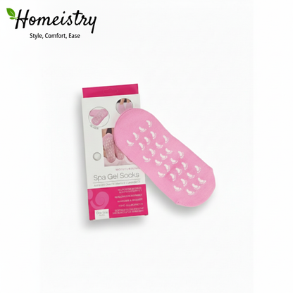 Homeistry branded packaging box for Spa Gel Socks next to a pink gel sock.