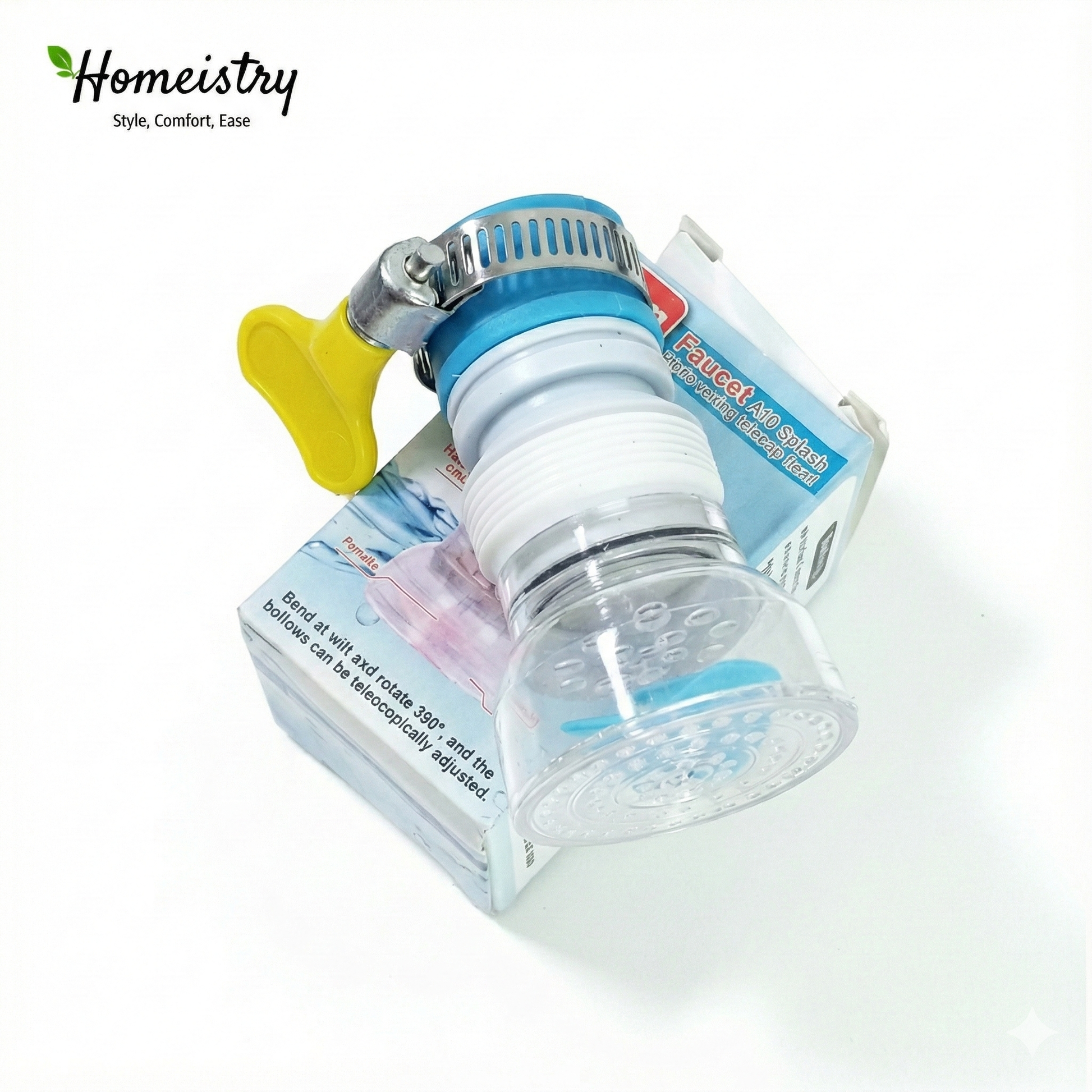 Faucet adapter with packaging on a white background, featuring the Homeistry brand.