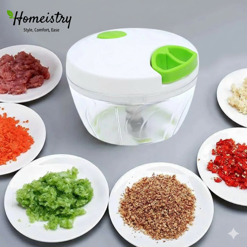Homeistry food chopper with chopped vegetables on plates