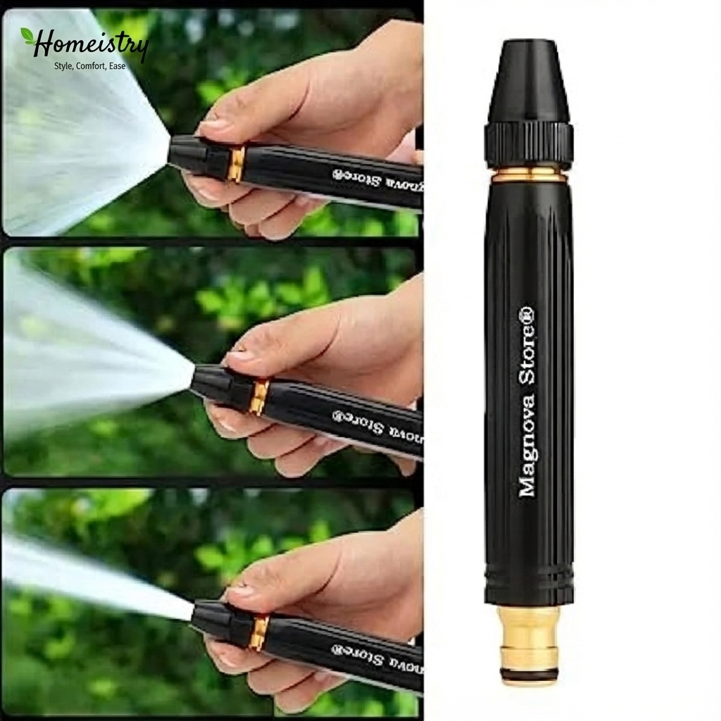Black and gold Magnova Store garden spray nozzle being used to spray water with a blurred green background.