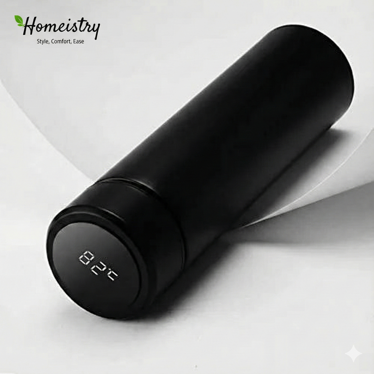 Black thermos with digital temperature display on a white background, featuring the Homeistry brand.