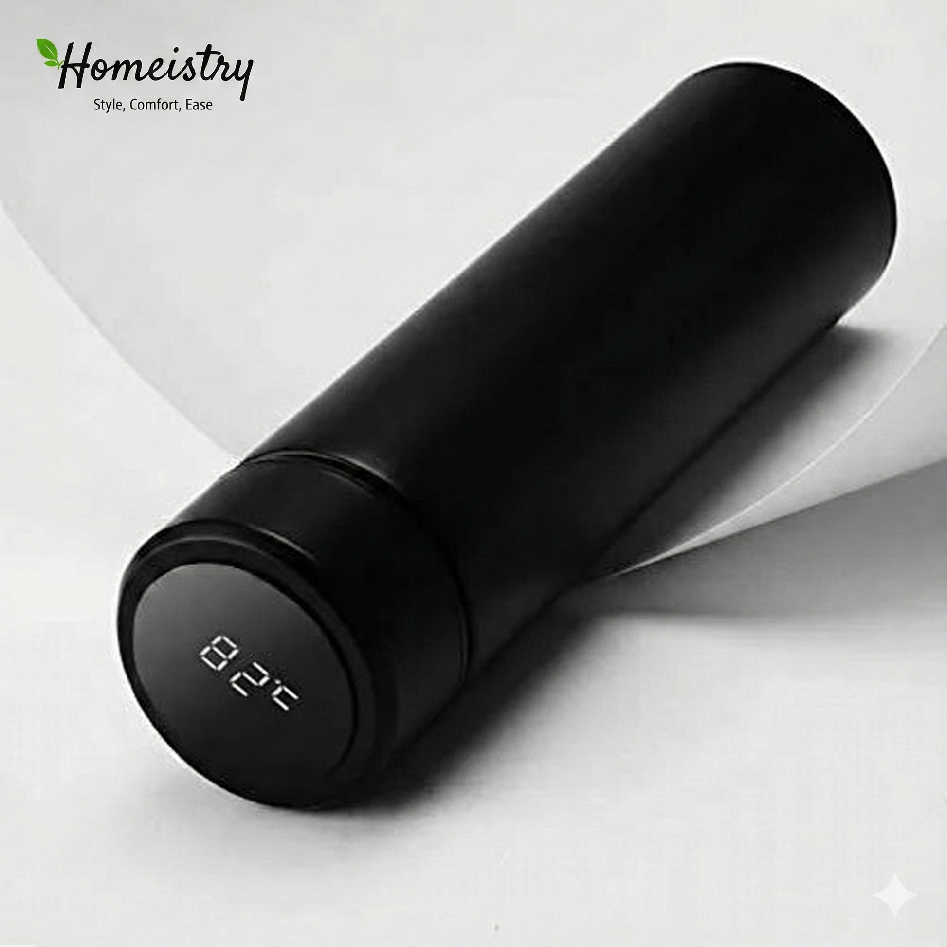 Black thermos with digital temperature display on a white background, featuring the Homeistry brand.