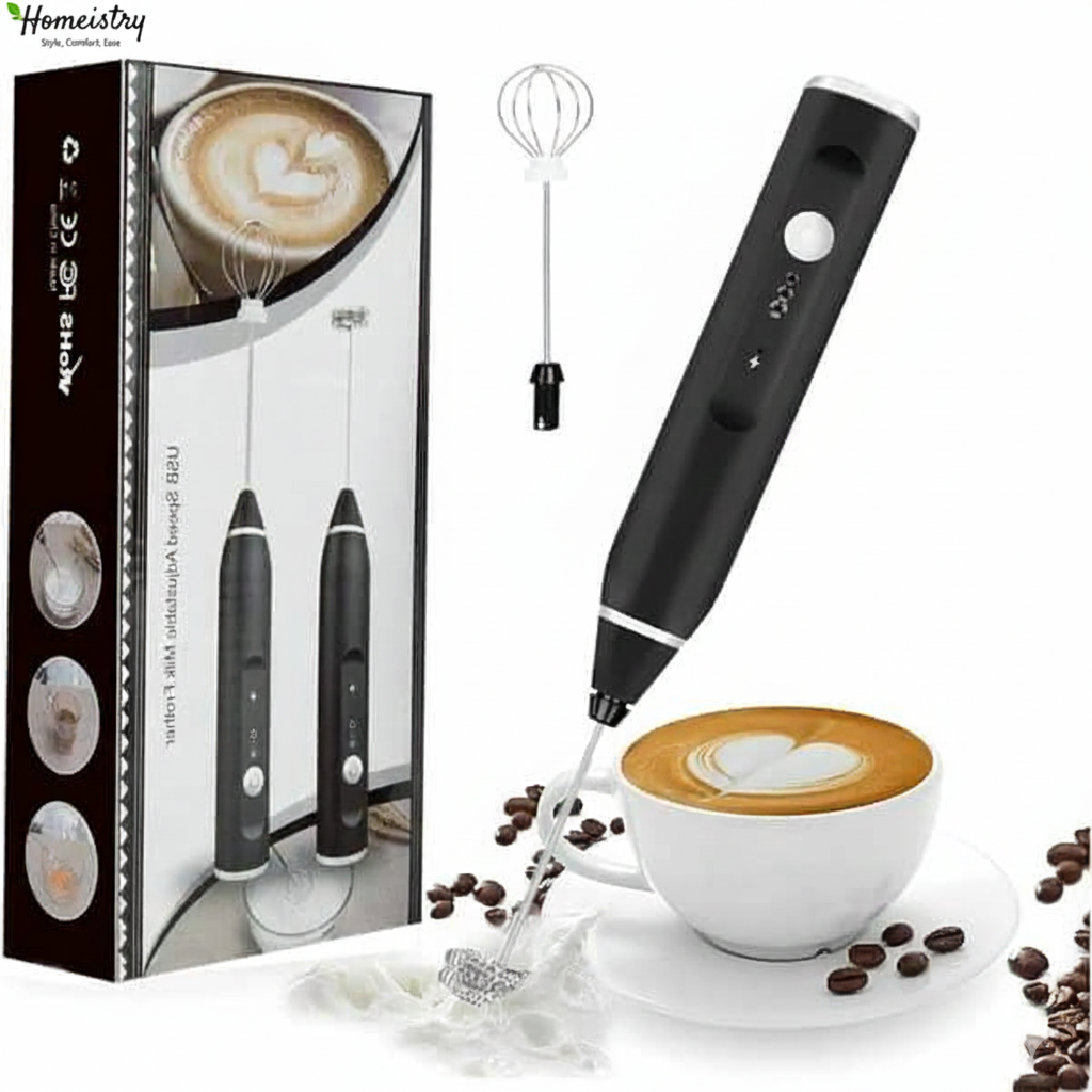 Homeistry product packaging box showing a cup of latte art and the black handheld milk frother unit.
