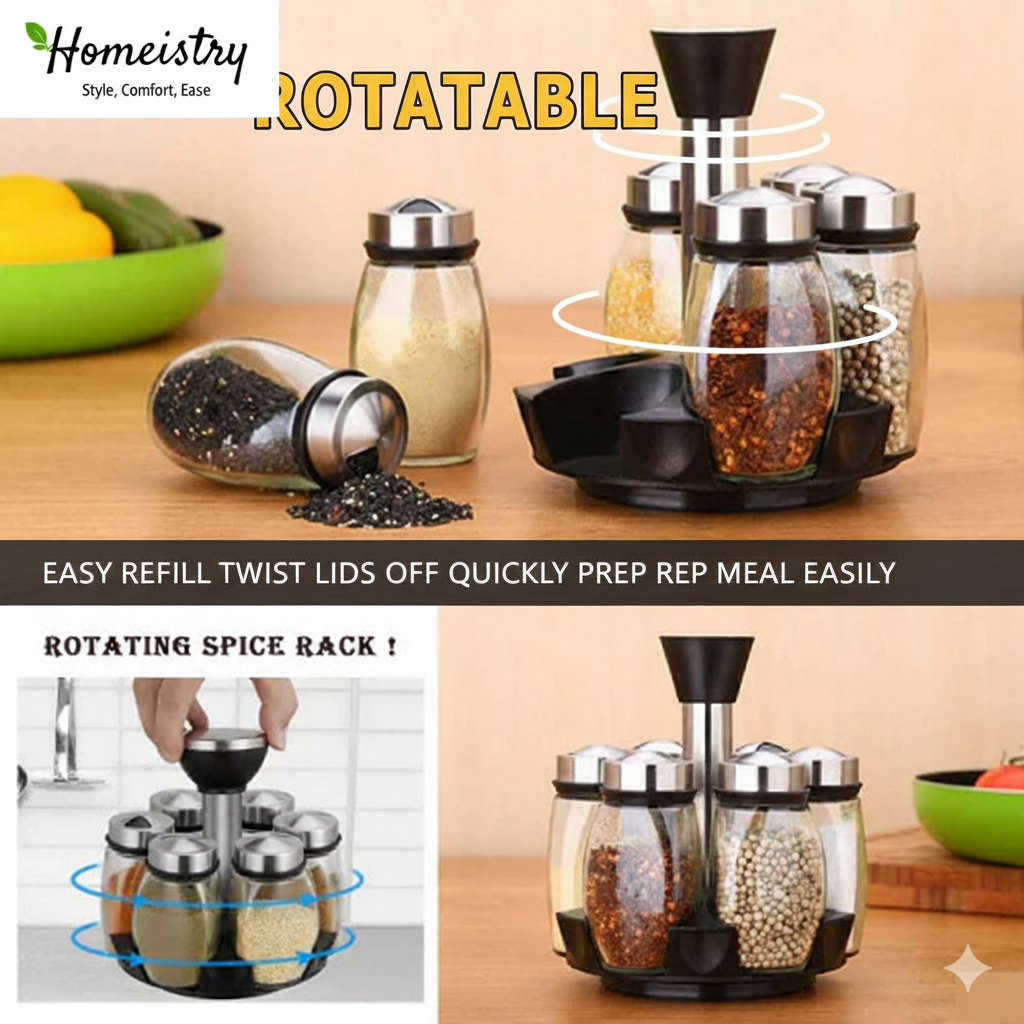 Homeistry rotatable spice rack with jars on a wooden surface