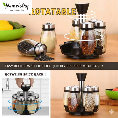 Homeistry rotatable spice rack with jars on a wooden surface