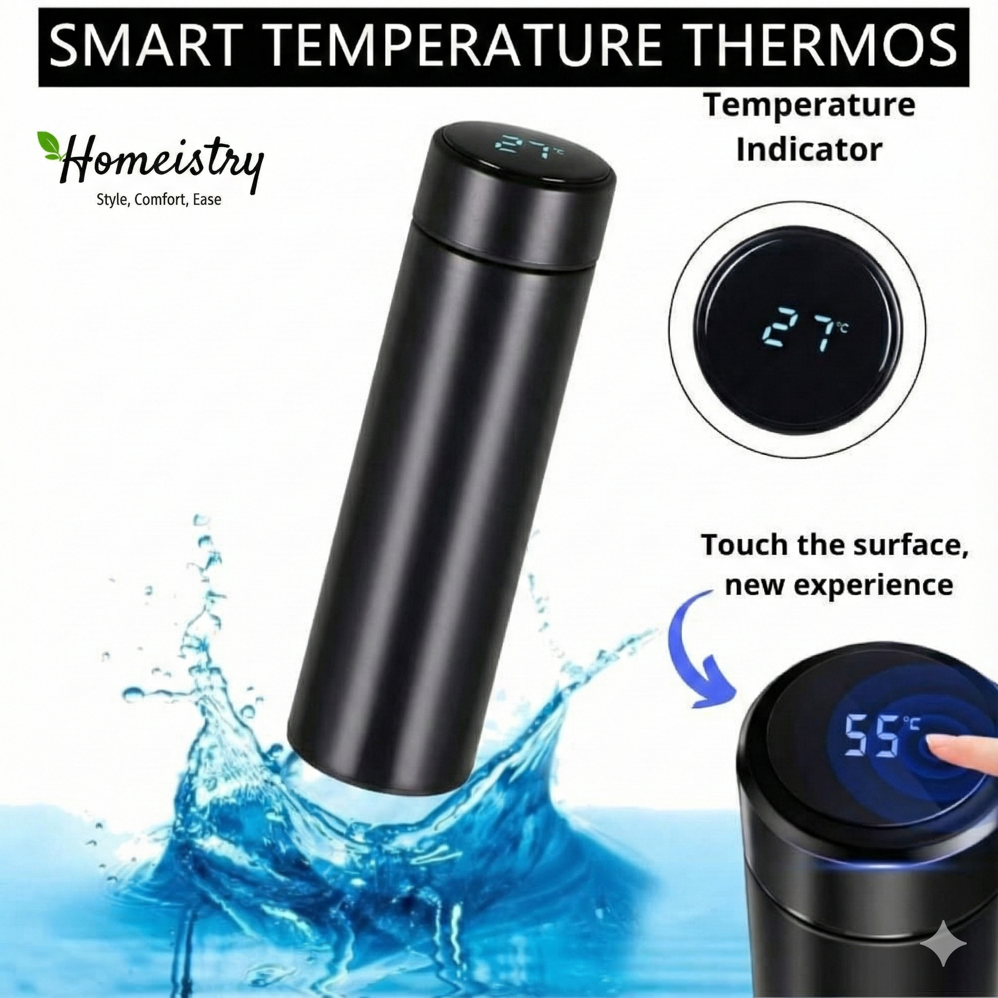 Black smart temperature thermos with digital display and water splash graphic, featuring Homeistry brand.