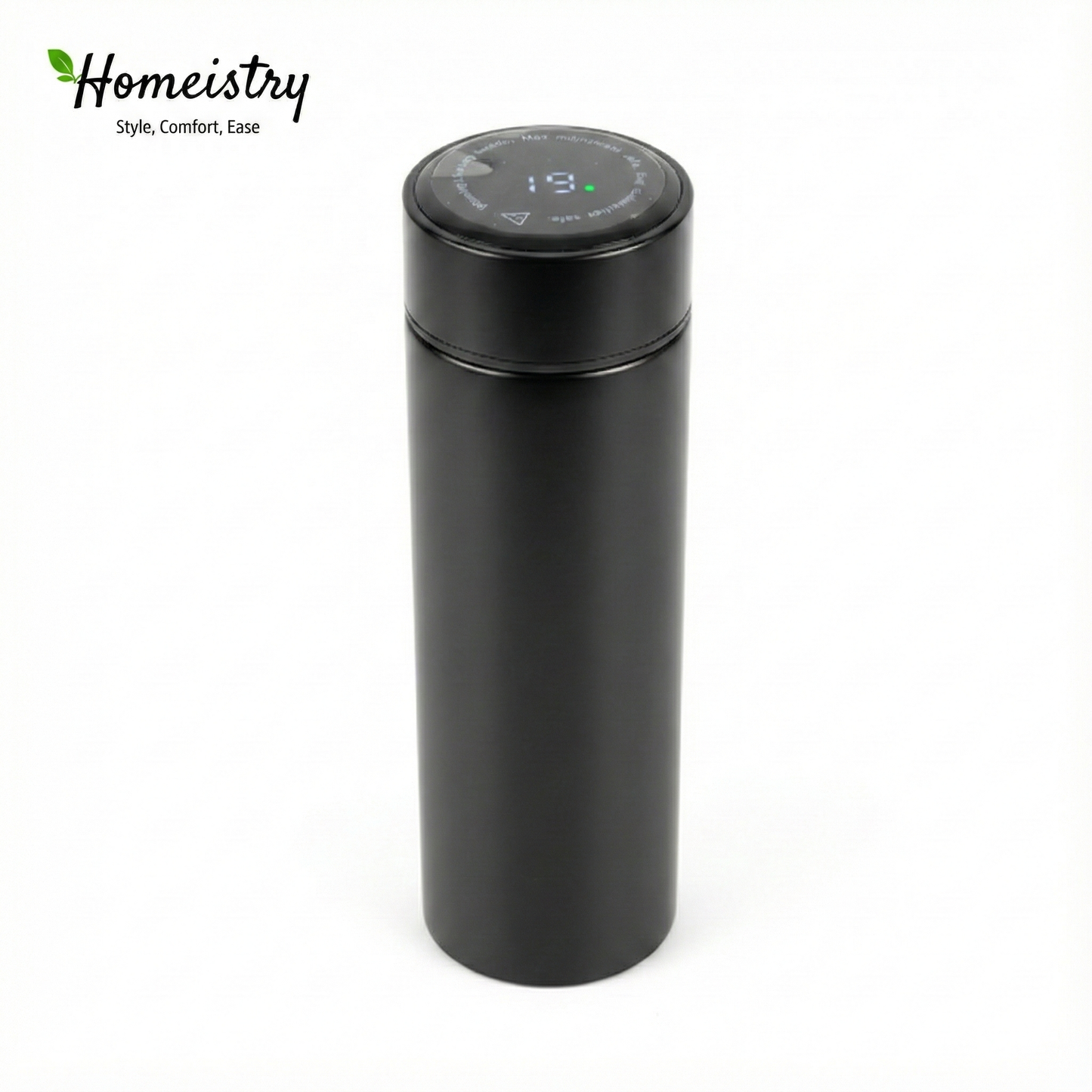 Black thermos bottle with digital display on a white background, featuring the Homeistry brand.