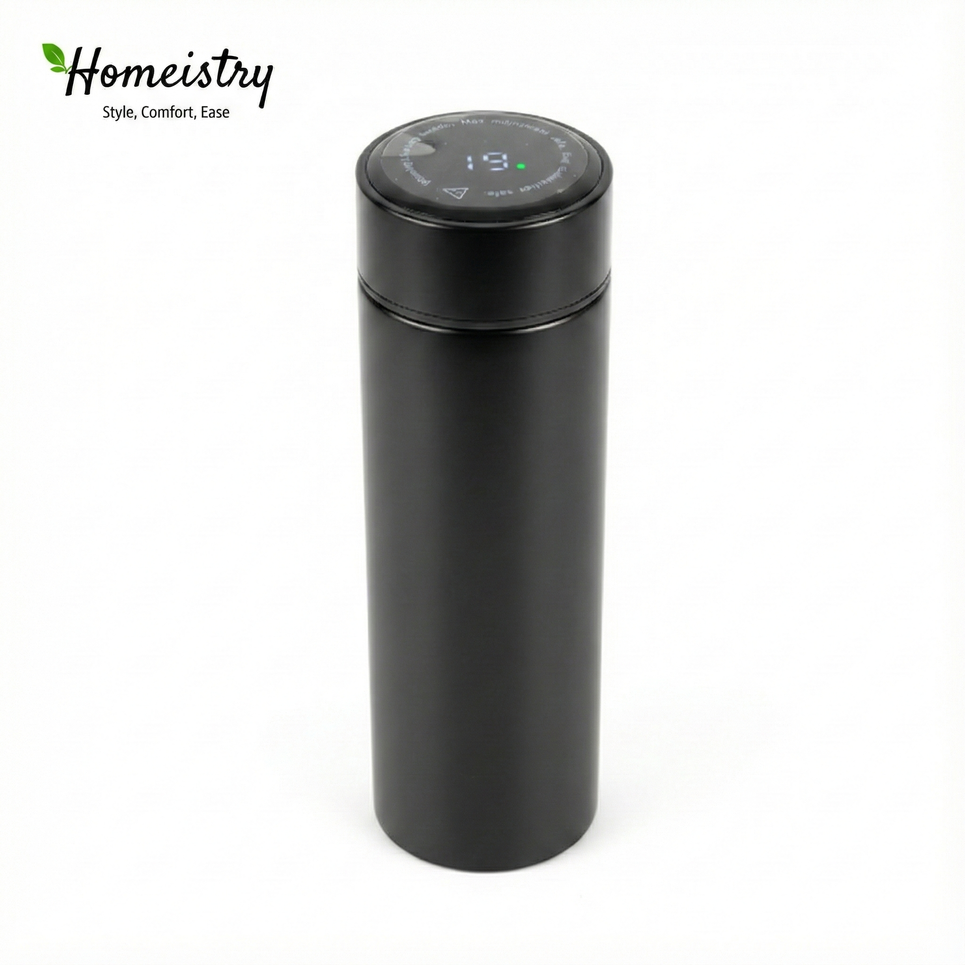 Black thermos bottle with digital display on a white background, featuring the Homeistry brand.