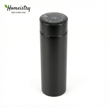 Black thermos bottle with digital display on a white background, featuring the Homeistry brand.