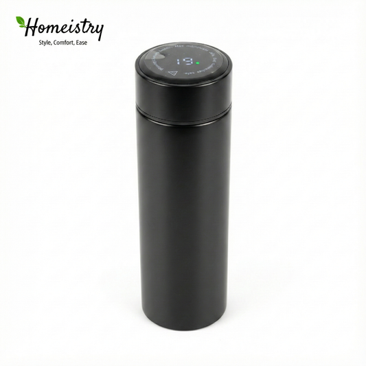 Black thermos bottle with digital display on a white background, featuring the Homeistry brand.