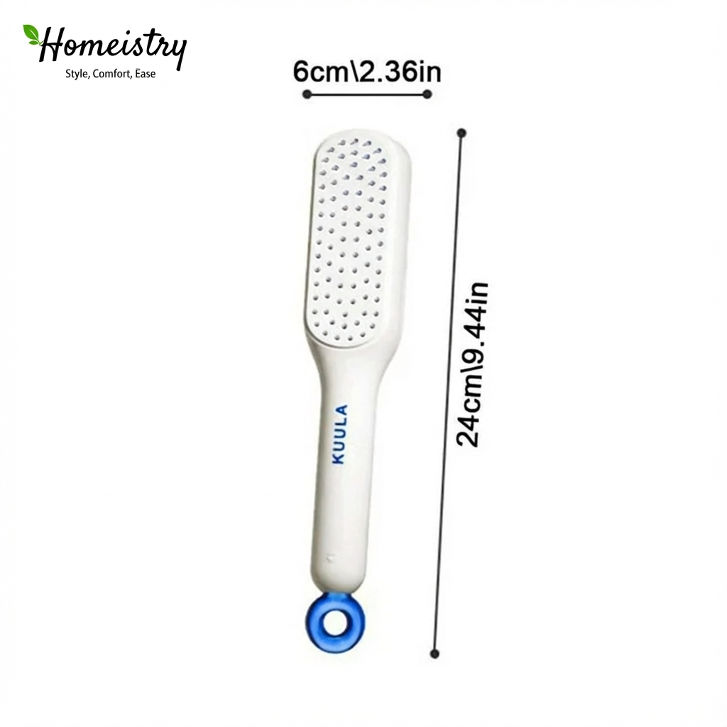 Homeistry white self-cleaning hair brush with retractable bristles front and back view