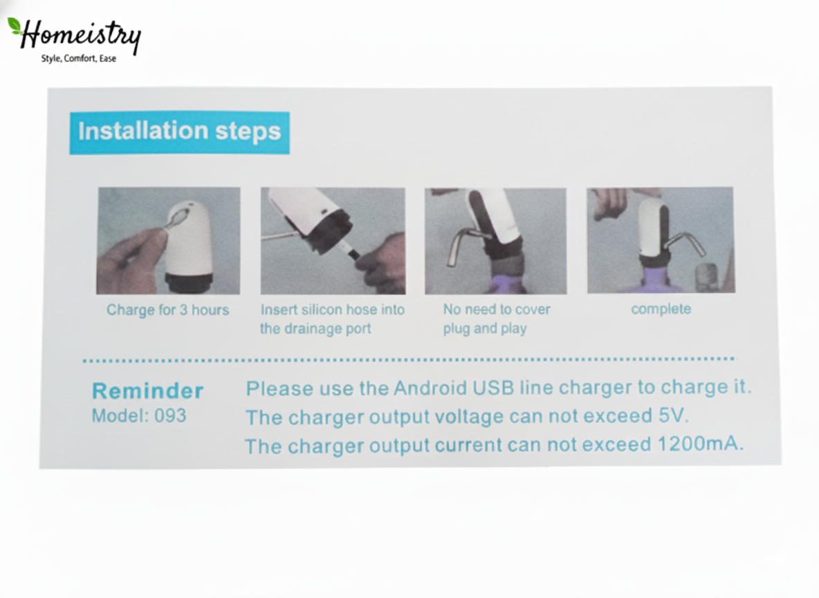 Installation guide for Homeistry water pump showing charging, hose insertion, and mounting on a bottle.