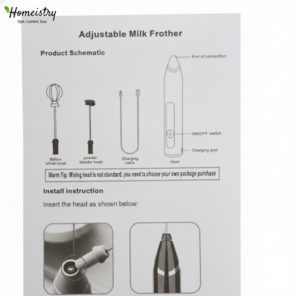 Instructional diagram of an adjustable milk frother with labeled parts and installation instructions.