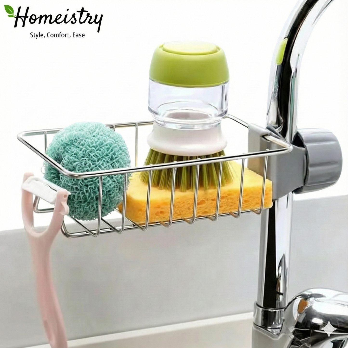 Kitchen sink caddy with cleaning supplies on a white background, featuring the Homeistry brand.