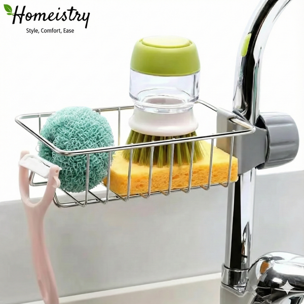 Kitchen sink caddy with cleaning supplies on a white background, featuring the Homeistry brand.