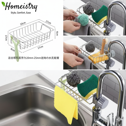 Kitchen sink rack with sponges and scrubbers, showing measurements and usage examples.