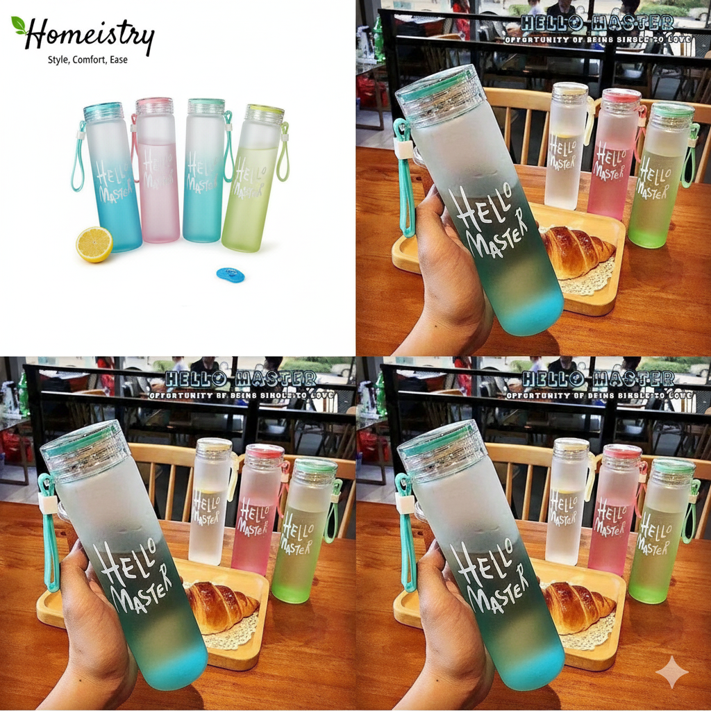 Gradient water bottles with 'Hello Master' text on a table setting.
