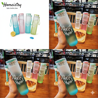Gradient water bottles with 'Hello Master' text on a table setting.