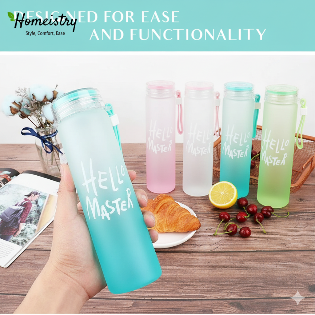 Turquoise water bottle labeled 'Hello Master' held by a hand on a wooden table with pink, green & white bottles and snacks.