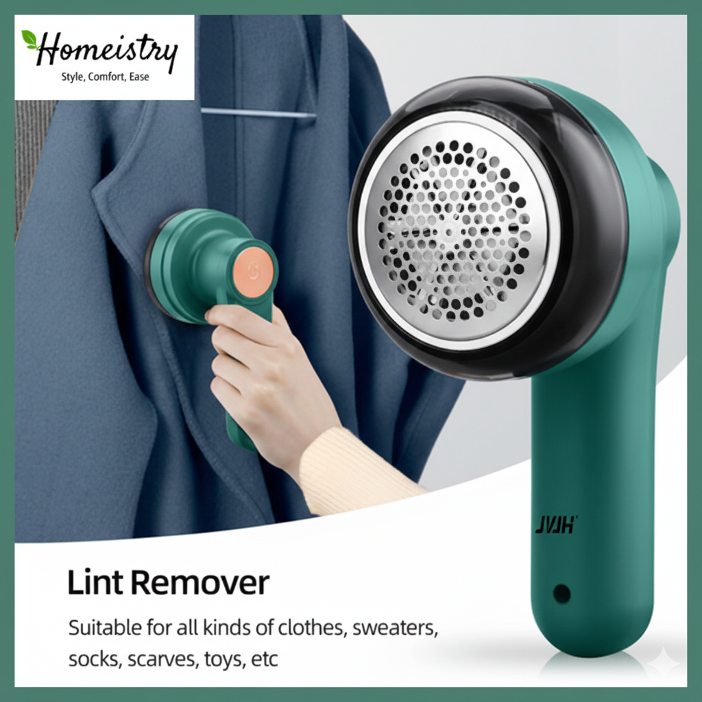 Lint remover being used on a coat with Homeistry branding