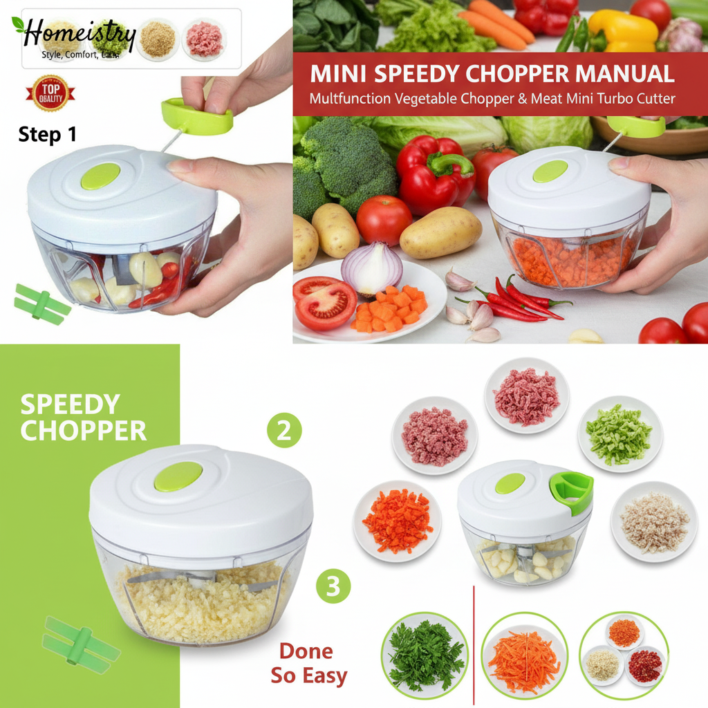 Mini Speedy Chopper manual with images of vegetables and chopped ingredients, and Homeistry brand logo.