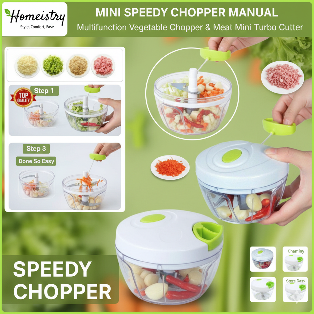 Homeistry Mini Speedy Chopper manual with step-by-step instructions on a green background
