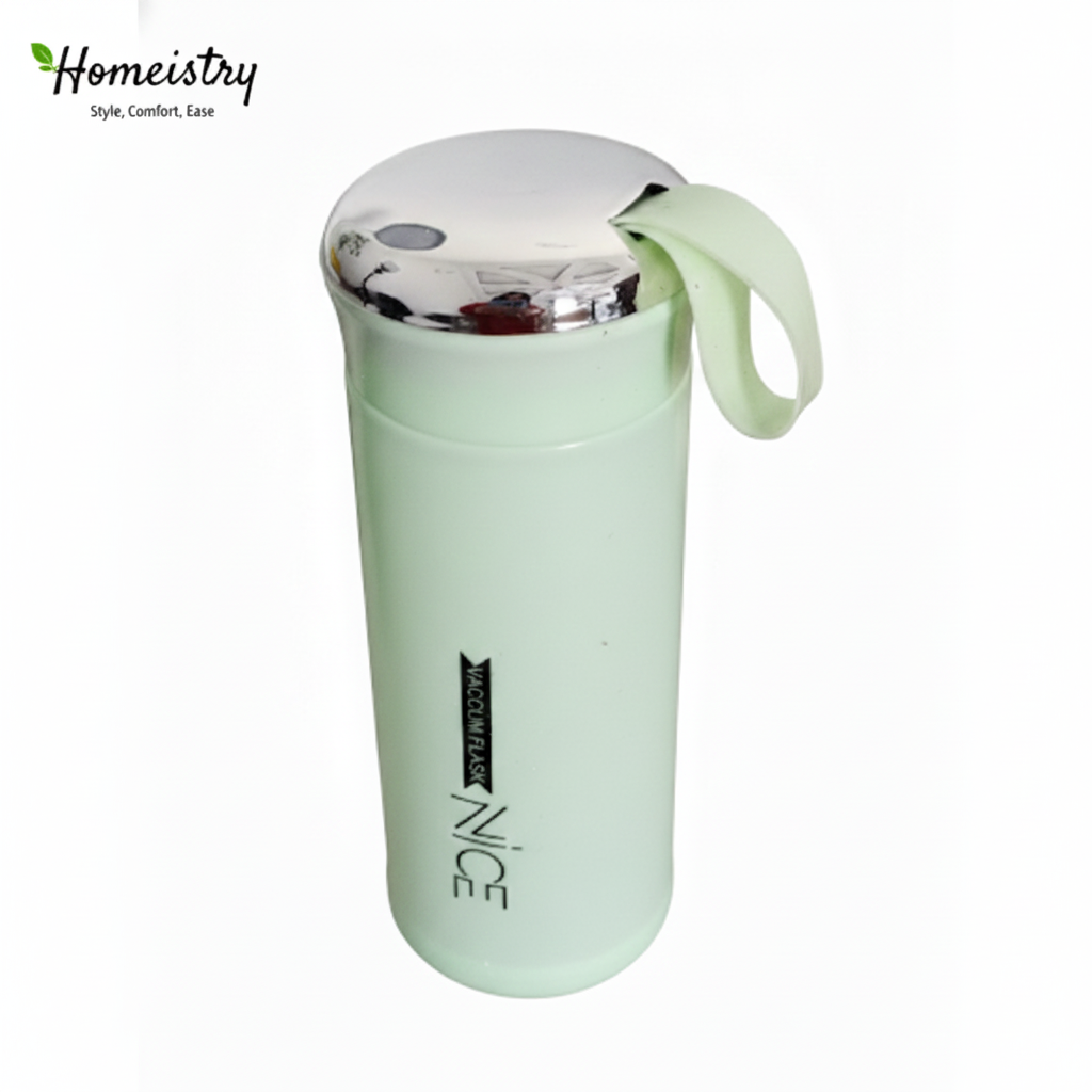 Light green thermos with silver lid on a white background, featuring the brand 'NICE'.