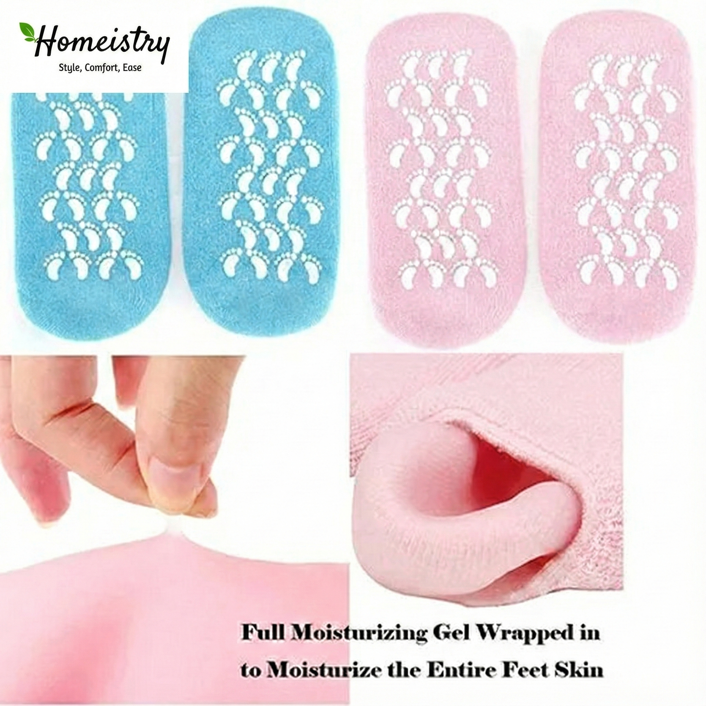 Pair of blue and pink Homeistry Spa Gel Socks showing non-slip footprint grips on the bottom and inner gel lining.
