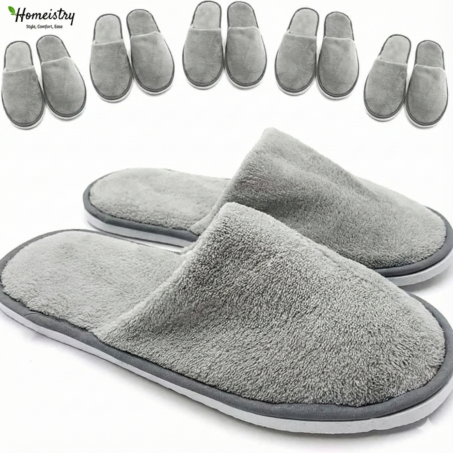 Gray slippers with Homeistry branding on a white background