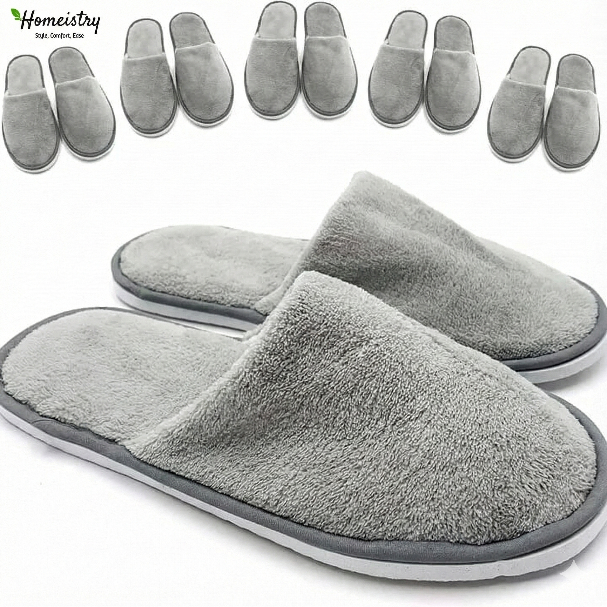 Gray slippers with Homeistry branding on a white background