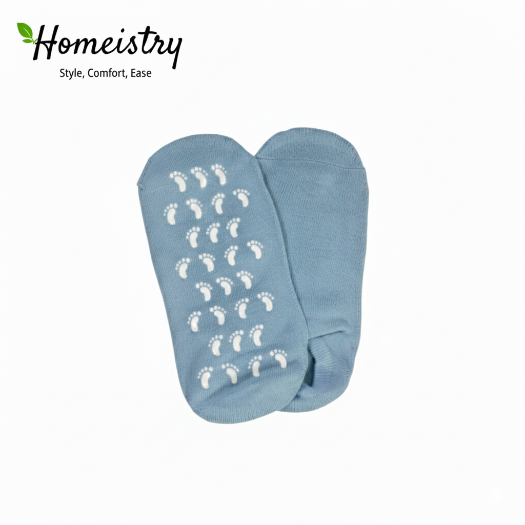 Pair of light blue moisturizing gel socks flat lay with non-slip soles visible.