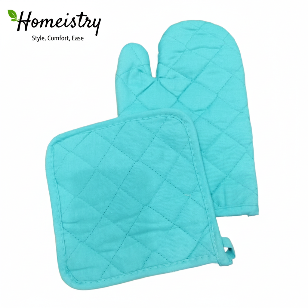 Pair of turquoise quilted oven mitts on a white background with 'Homeistry' branding.