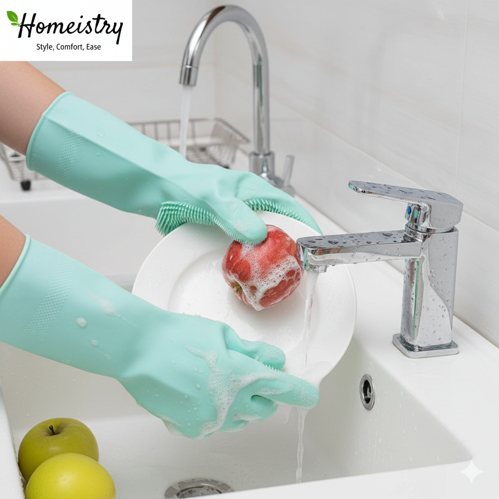 Person washing dishes and fruits in a kitchen sink with green gloves, Homeistry logo visible.