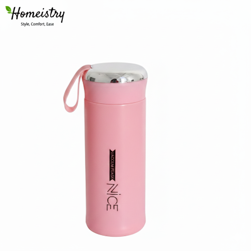 Pink thermos bottle with a visible brand logo on a white background