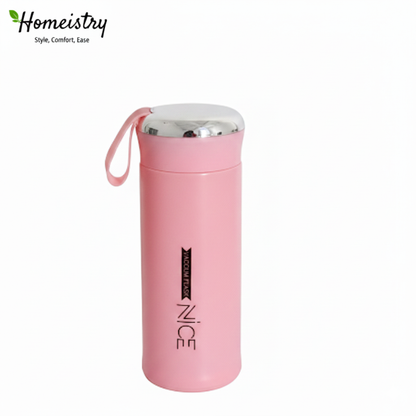 Pink thermos bottle with a visible brand logo on a white background