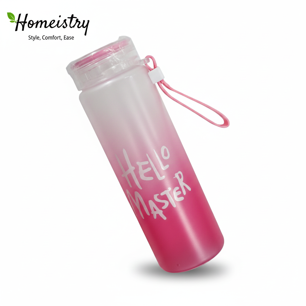 Pink water bottle with 'Hello Master' text on a white background, featuring the Homeistry brand.