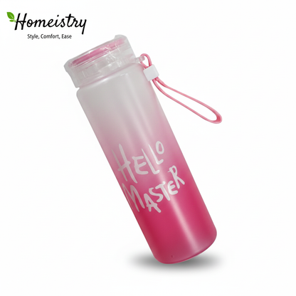 Pink water bottle with 'Hello Master' text on a white background, featuring the Homeistry brand.