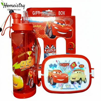 Red water bottle and lunch box set with 'Cars' theme packaging on a white background.