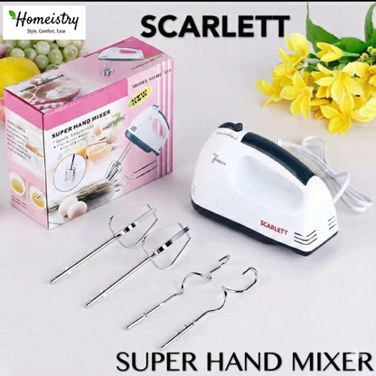 Scarlett super hand mixer with packaging, attachments, and flowers on a white background