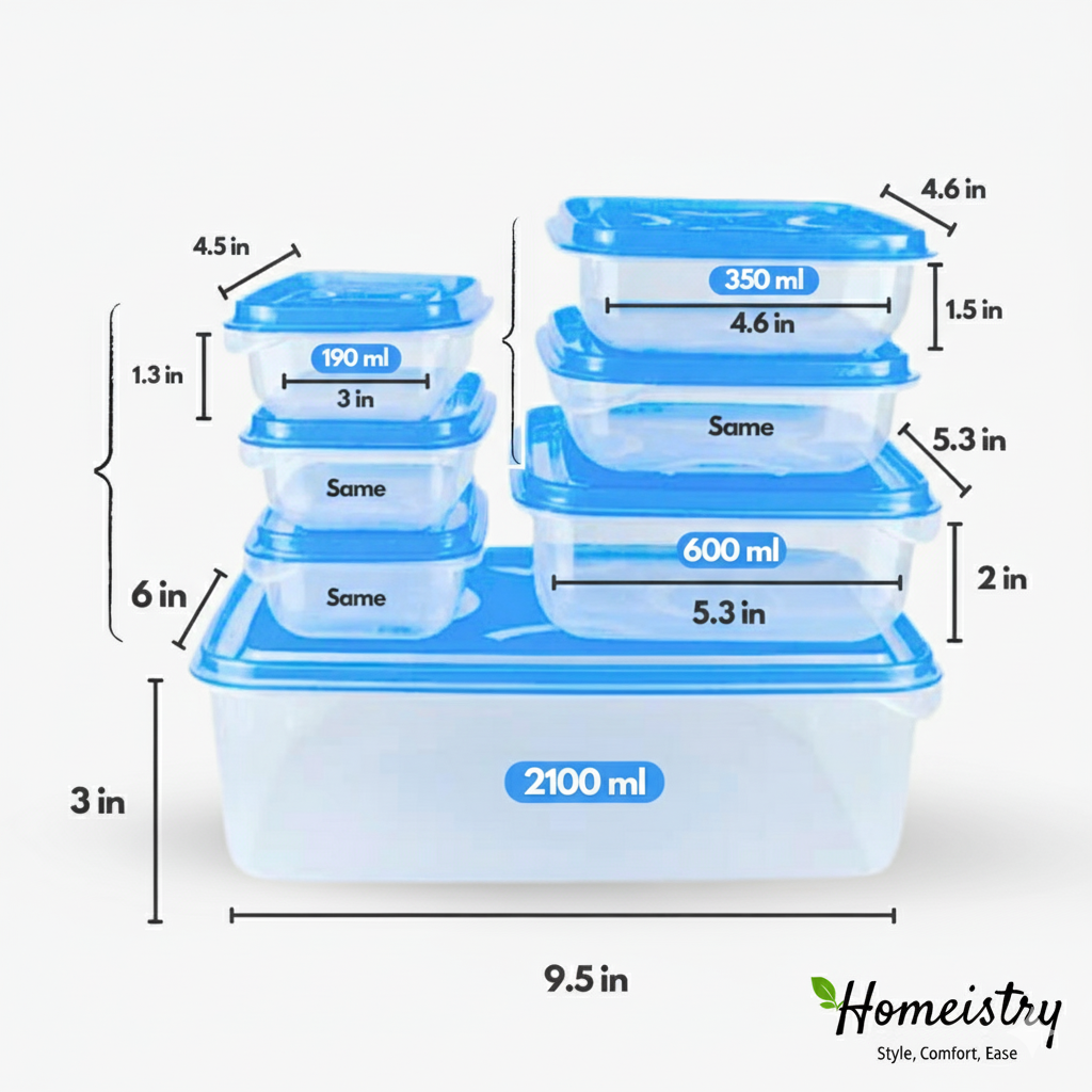Set of blue food storage containers with measurements and Homeistry branding.