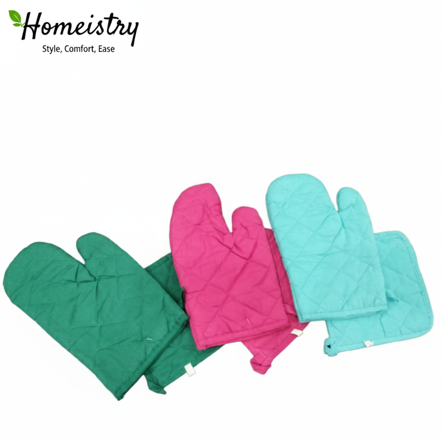 Set of colorful oven mitts and pot holders on a white background with 'Homeistry' branding.