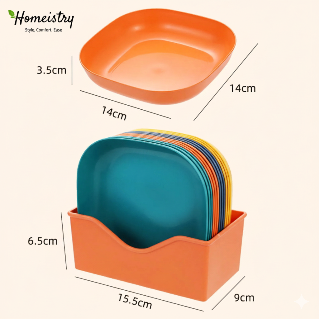 Set of colorful plates in an orange holder with dimensions labeled, featuring the Homeistry brand.