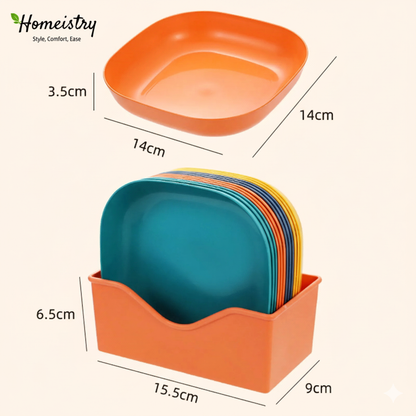 Set of colorful plates in an orange holder with dimensions labeled, featuring the Homeistry brand.
