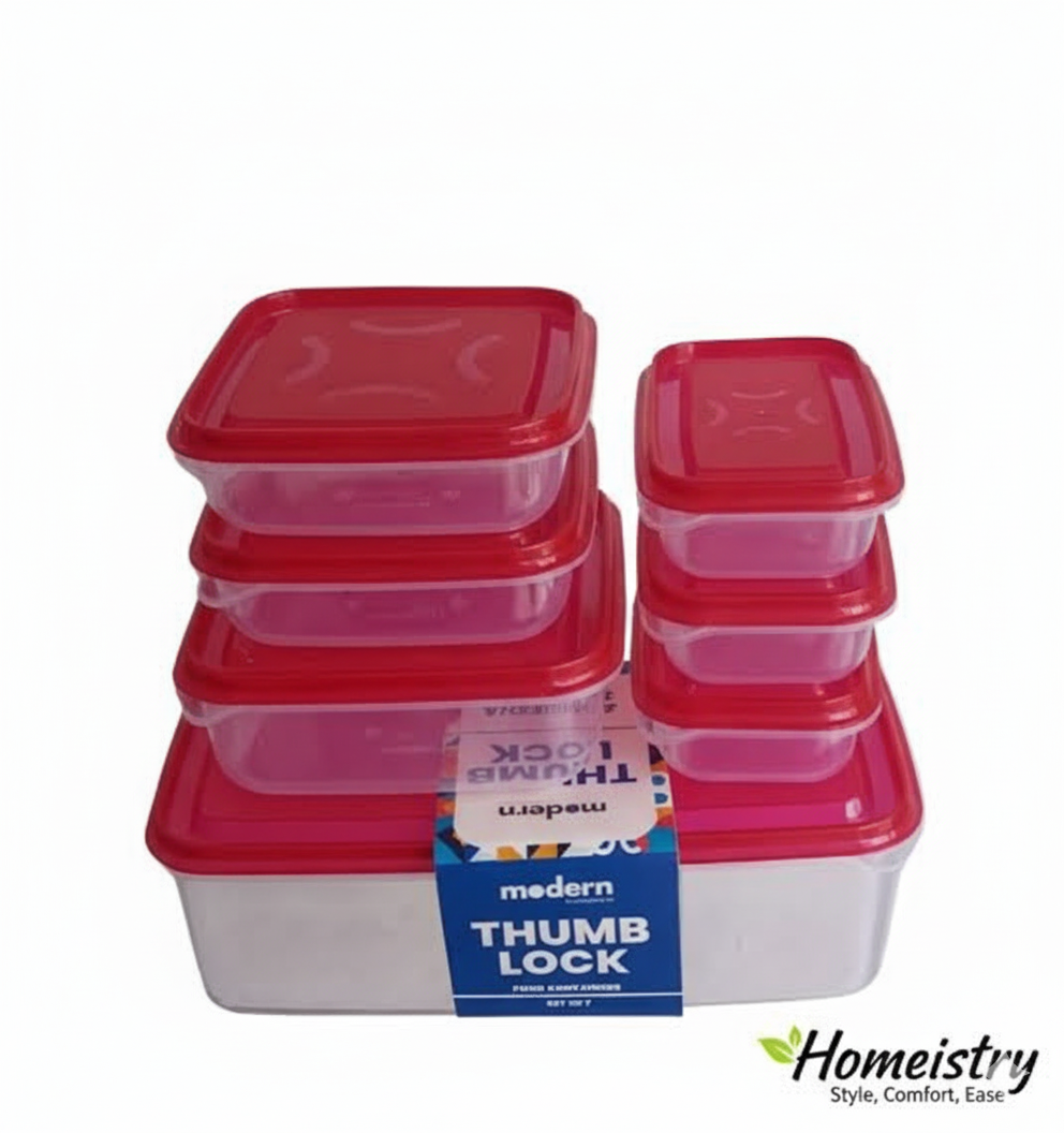 Set of food storage containers with red lids on a white background, featuring the Homeistry brand.