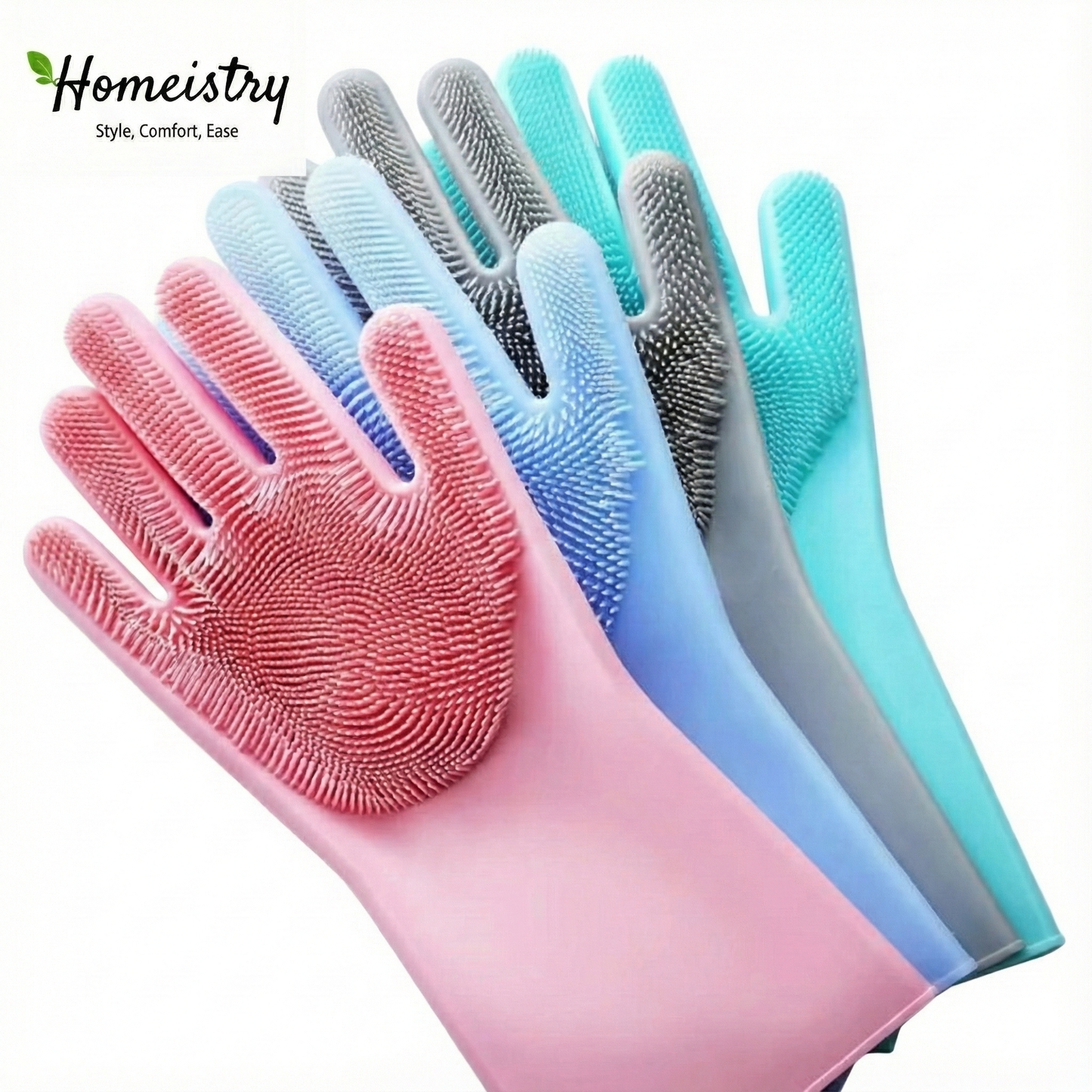 Set of four gloves in pink, blue, gray, and green on a white background with 'Homeistry' branding.