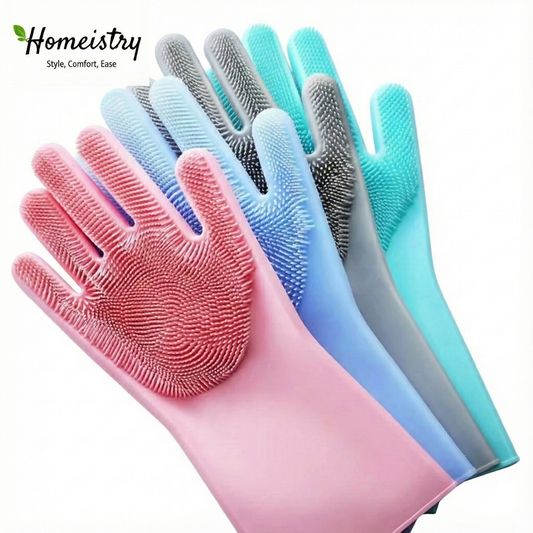 Set of four gloves in pink, blue, gray, and green on a white background with 'Homeistry' branding.